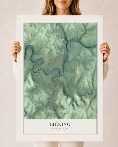 Map of Licking, Pennsylvania, 24 x 36 inch print in a white wood frame