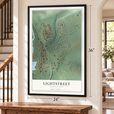 Lightstreet, Pennsylvania map, 24 x 36 inch print in a black frame by a staircase