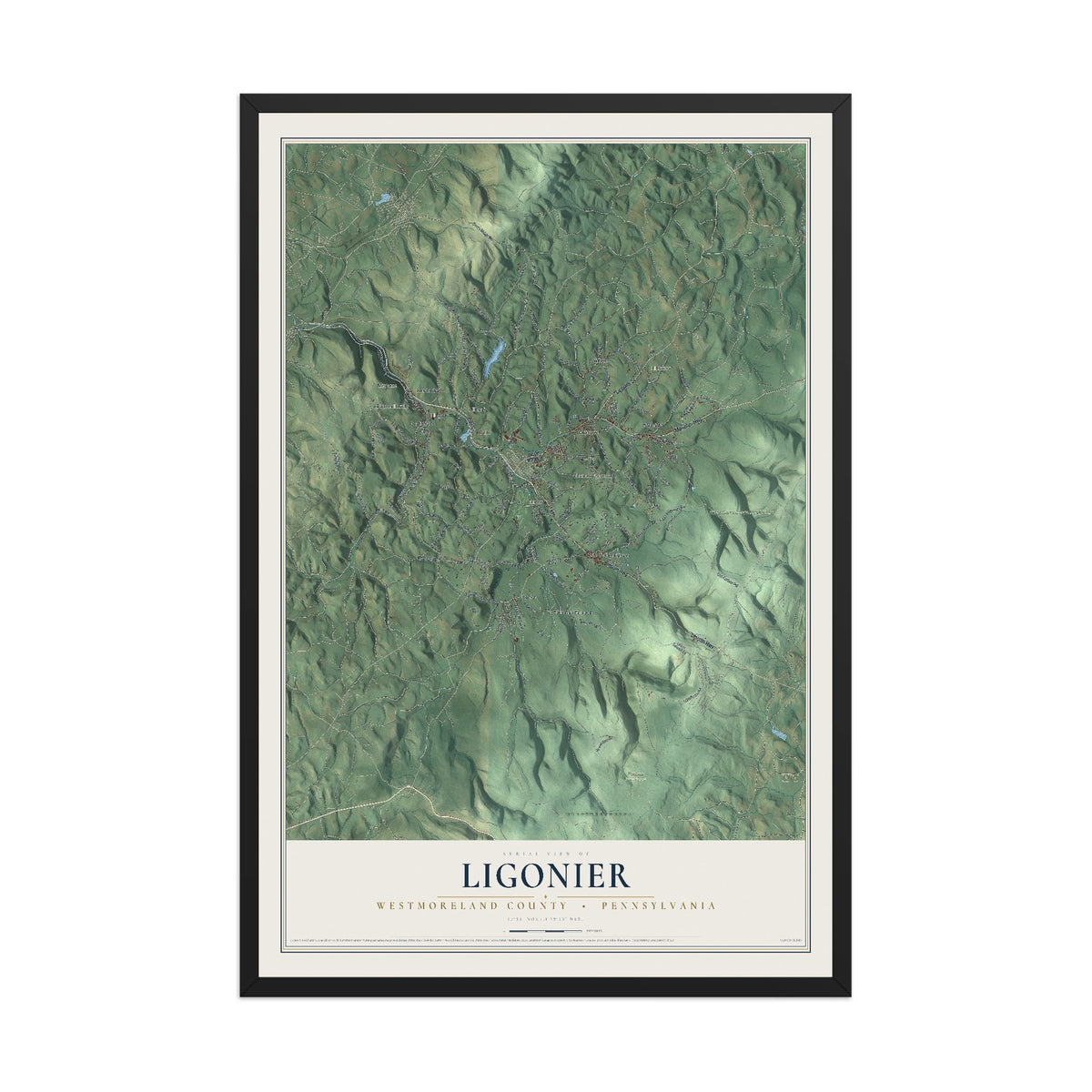 Map of Ligonier, Westmoreland County, Pennsylvania, 12 x 18 inch print in a black wood frame