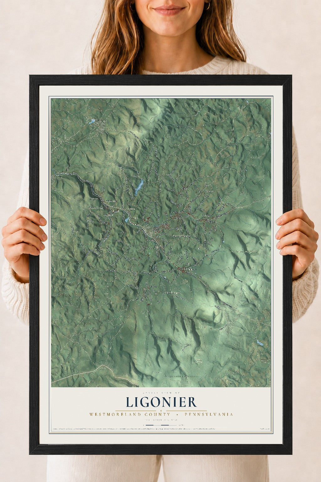 Map of Ligonier, Westmoreland County, Pennsylvania, 18 x 24 inch print in a black wood frame