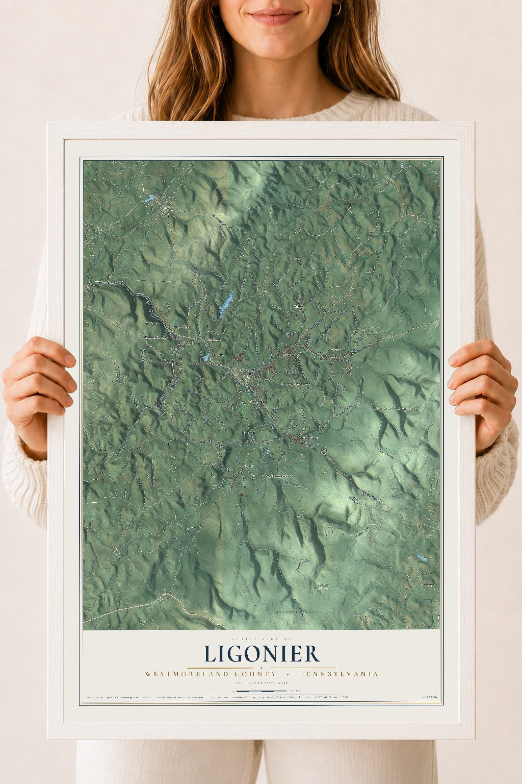 Map of Ligonier, Westmoreland County, Pennsylvania, 18 x 24 inch print in a white wood frame