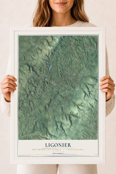 Map of Ligonier, Westmoreland County, Pennsylvania, 18 x 24 inch print in a white wood frame
