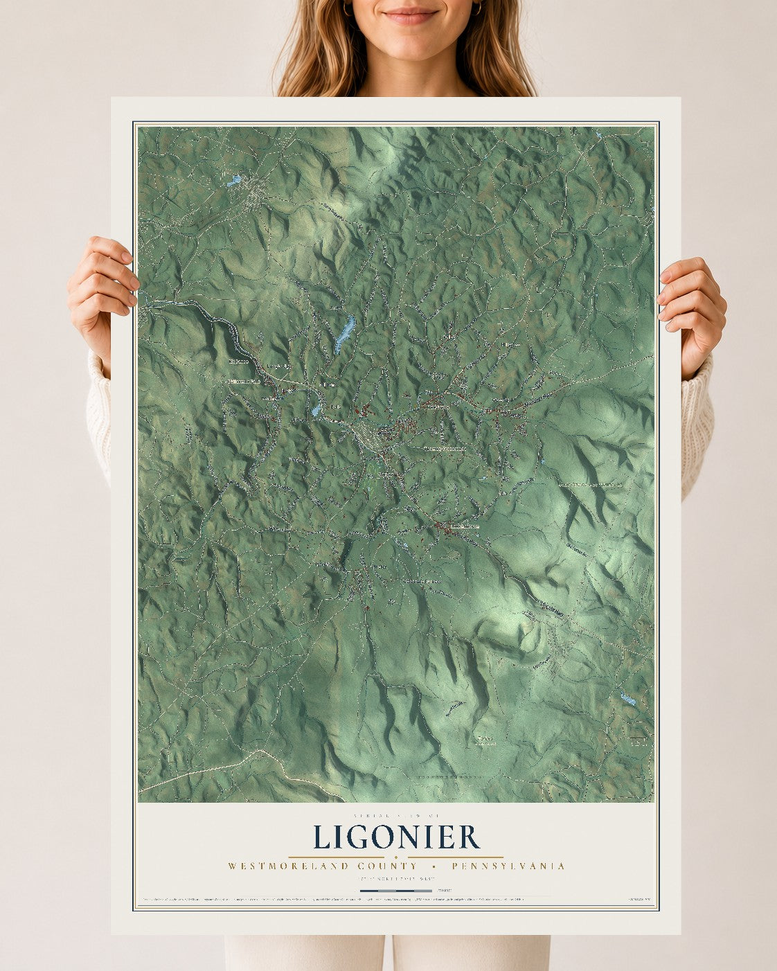 Map of Ligonier, Westmoreland County, Pennsylvania, 24 x 36 inch unframed archival matte print