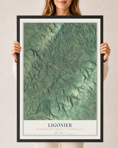 Map of Ligonier, Westmoreland County, Pennsylvania, 24 x 36 inch print in a black wood frame