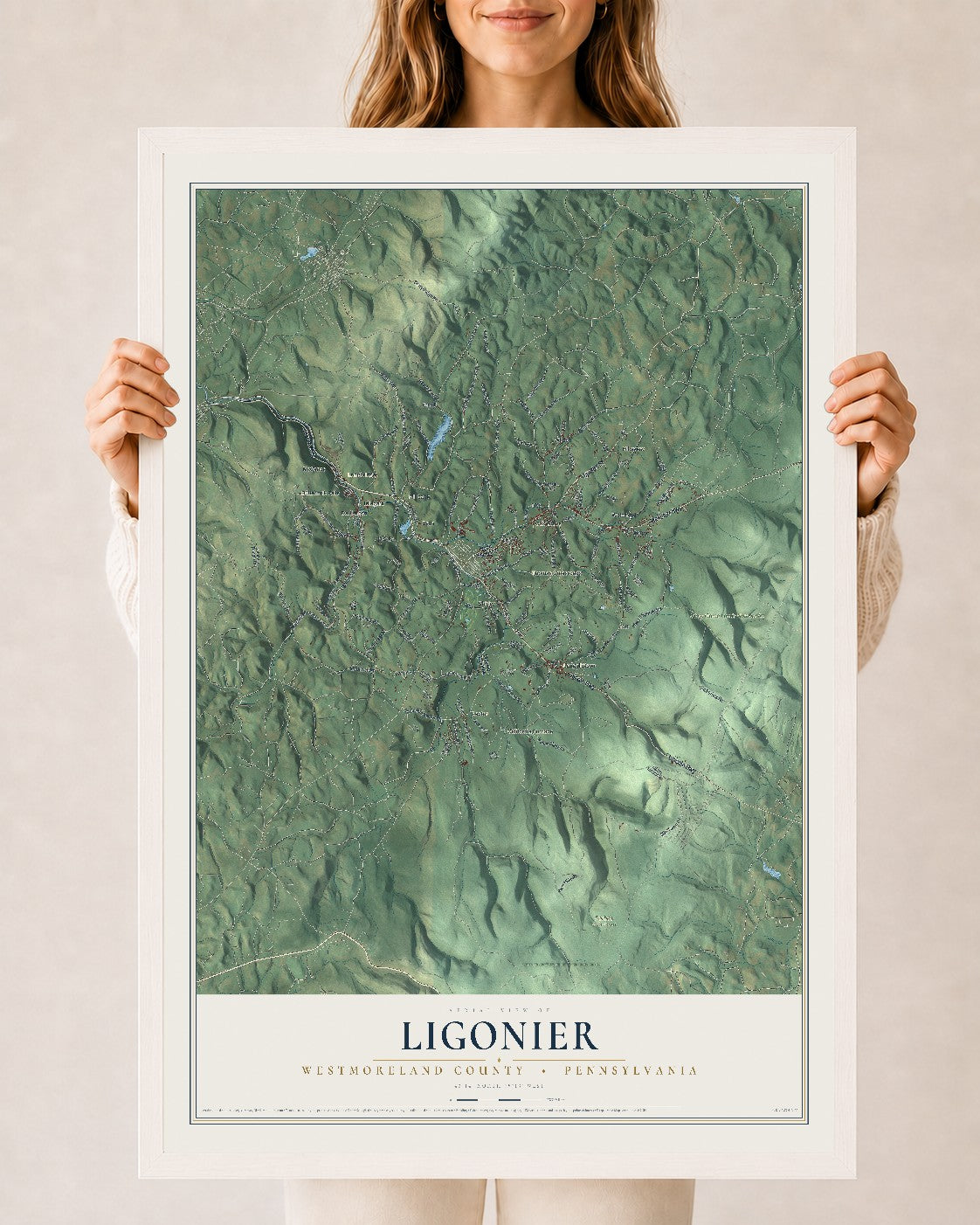 Map of Ligonier, Westmoreland County, Pennsylvania, 24 x 36 inch print in a white wood frame