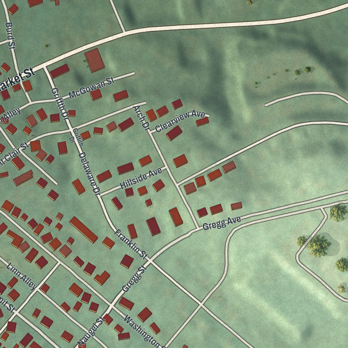 Second close-up of the map of the Borough of Ligonier, Westmoreland County, Pennsylvania print showing more streets and buildings