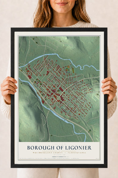 Map of the Borough of Ligonier, Westmoreland County, Pennsylvania, 18 x 24 inch print in a black wood frame