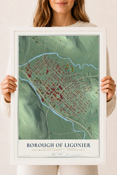 Map of the Borough of Ligonier, Westmoreland County, Pennsylvania, 18 x 24 inch print in a white wood frame