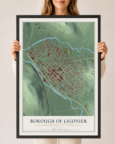 Map of the Borough of Ligonier, Westmoreland County, Pennsylvania, 24 x 36 inch print in a black wood frame