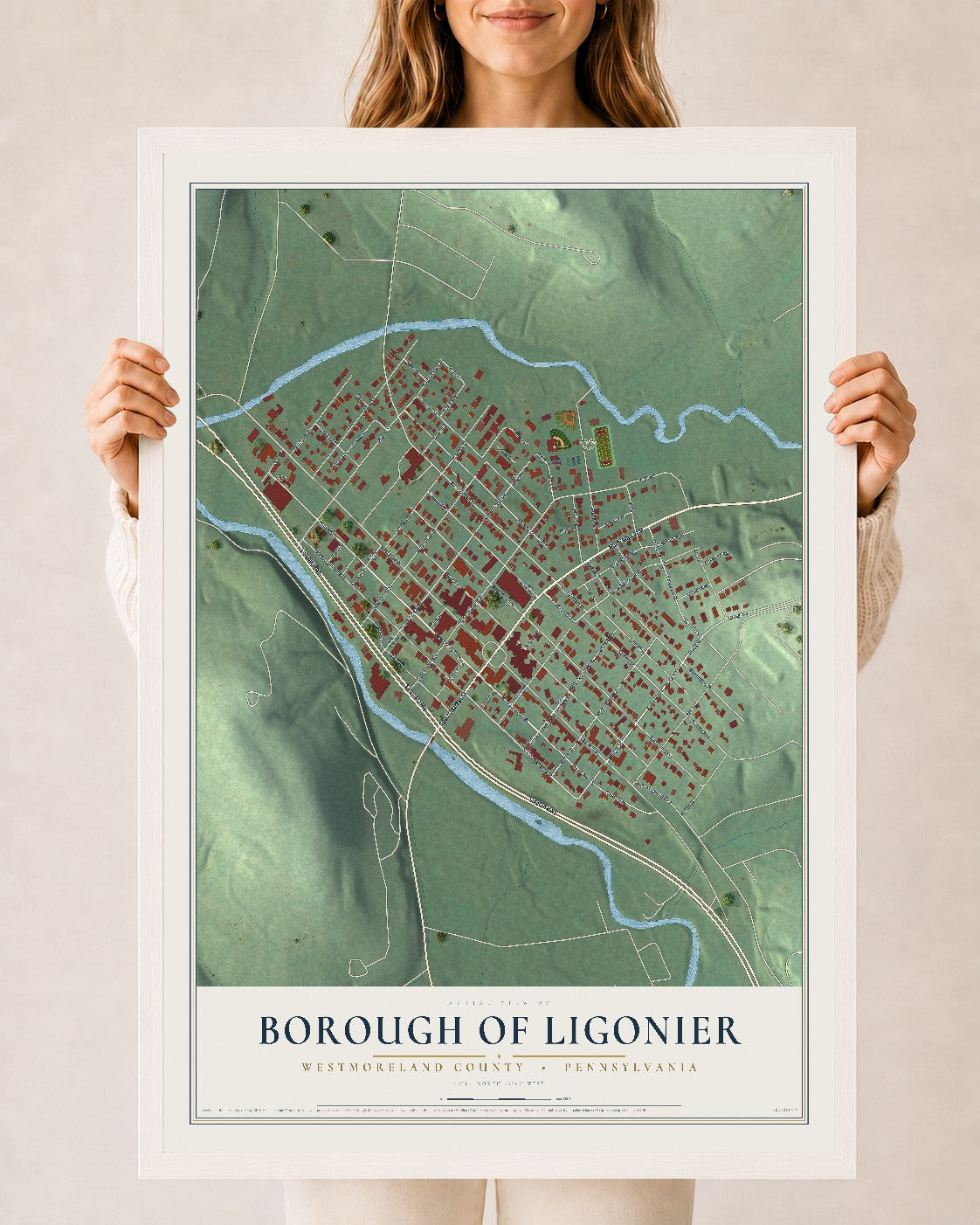 Map of the Borough of Ligonier, Westmoreland County, Pennsylvania, 24 x 36 inch print in a white wood frame