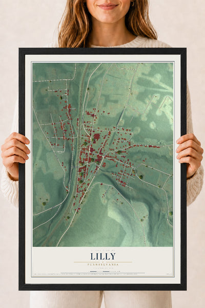 Map of Lilly, Pennsylvania, 18 x 24 inch print in a black wood frame