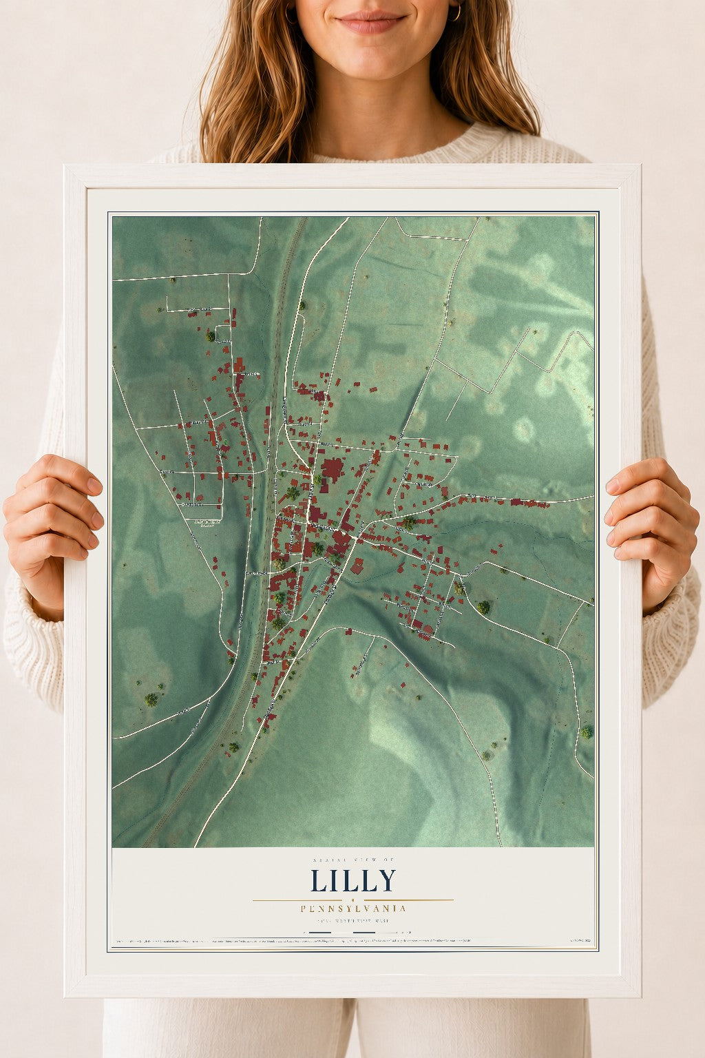 Map of Lilly, Pennsylvania, 18 x 24 inch print in a white wood frame