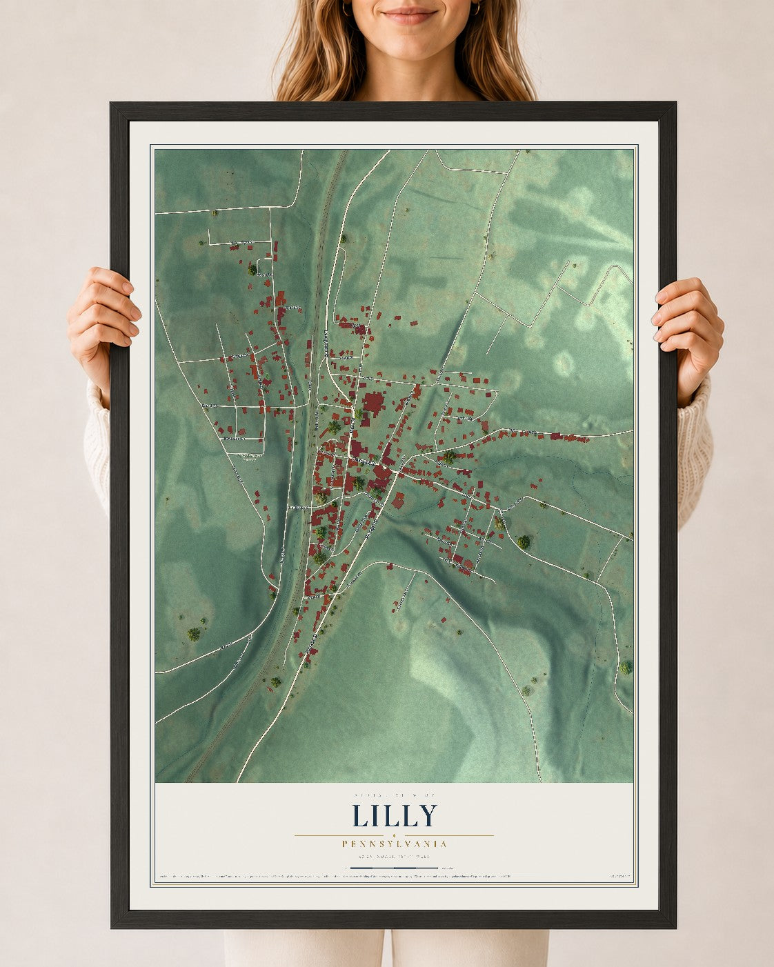 Map of Lilly, Pennsylvania, 24 x 36 inch print in a black wood frame
