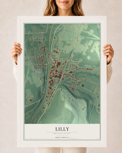 Map of Lilly, Pennsylvania, 24 x 36 inch print in a white wood frame