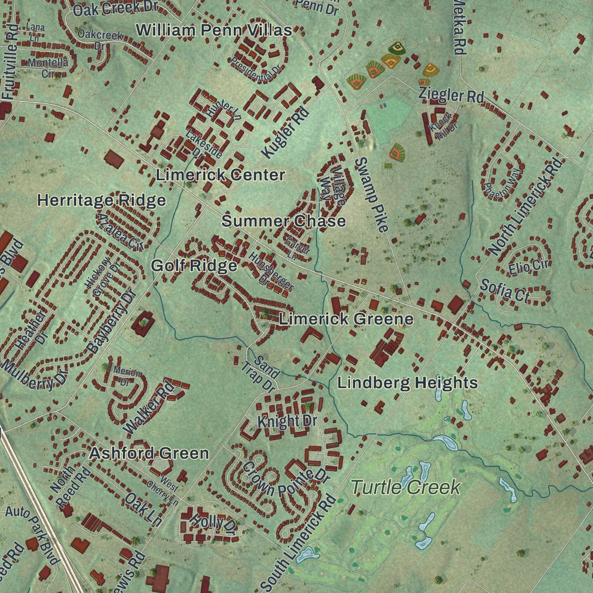 Close-up of the map of Limerick, Pennsylvania print showing street and building detail