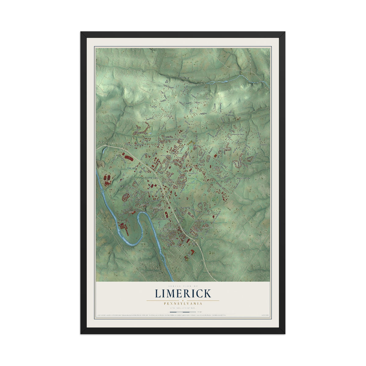 Map of Limerick, Pennsylvania, 12 x 18 inch print in a black wood frame