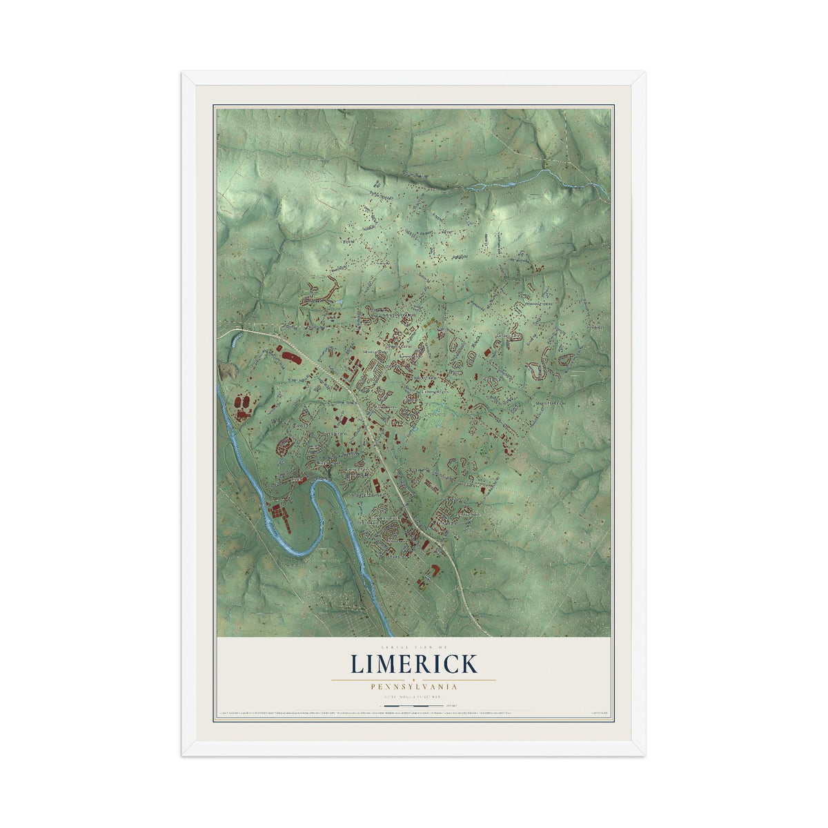 Map of Limerick, Pennsylvania, 12 x 18 inch print in a white wood frame