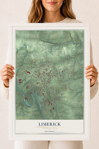 Map of Limerick, Pennsylvania, 18 x 24 inch print in a white wood frame