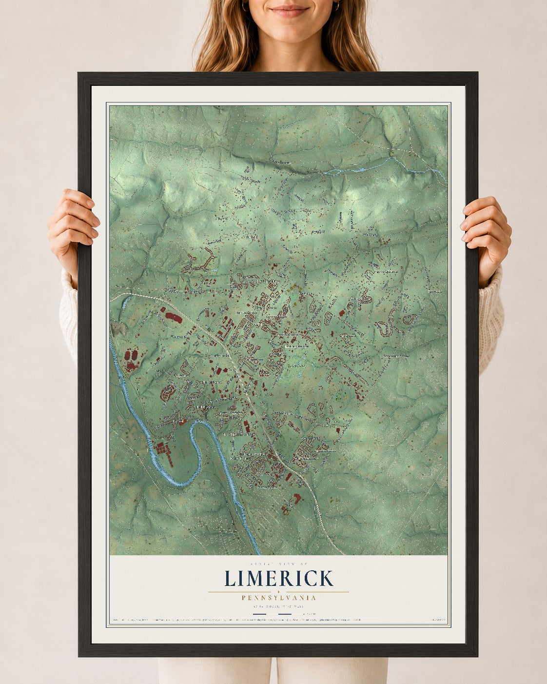 Map of Limerick, Pennsylvania, 24 x 36 inch print in a black wood frame