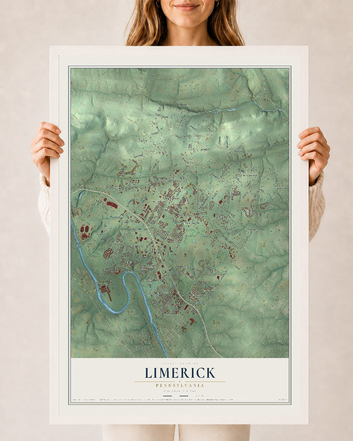 Map of Limerick, Pennsylvania, 24 x 36 inch print in a white wood frame