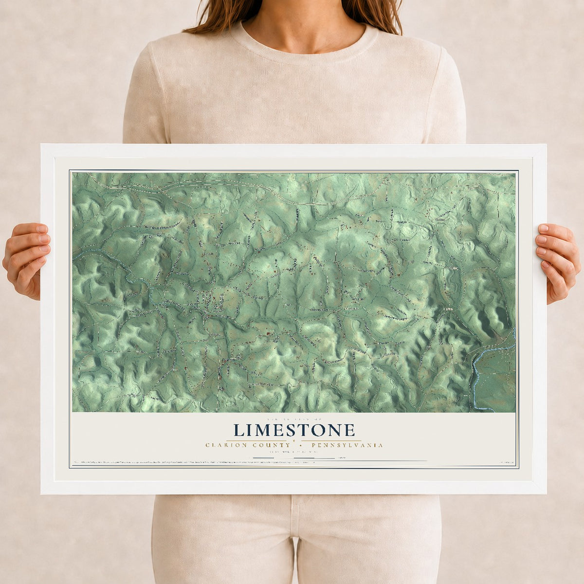 Map of Limestone, Clarion County, Pennsylvania, 12 x 18 inch print in a white wood frame