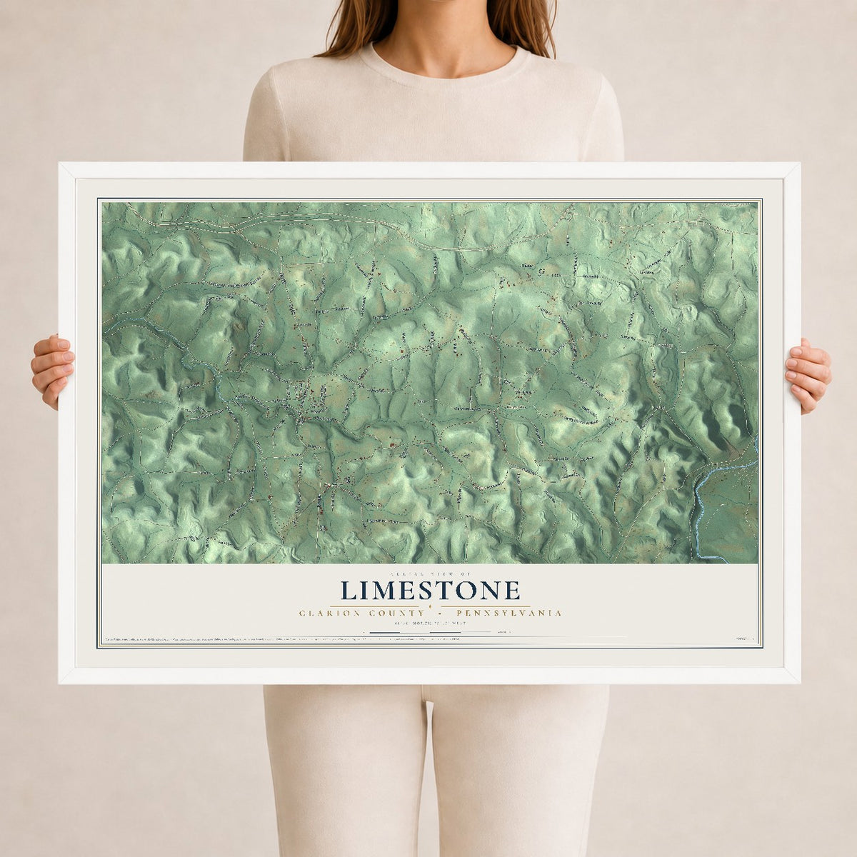 Map of Limestone, Clarion County, Pennsylvania, 24 x 36 inch print in a white wood frame