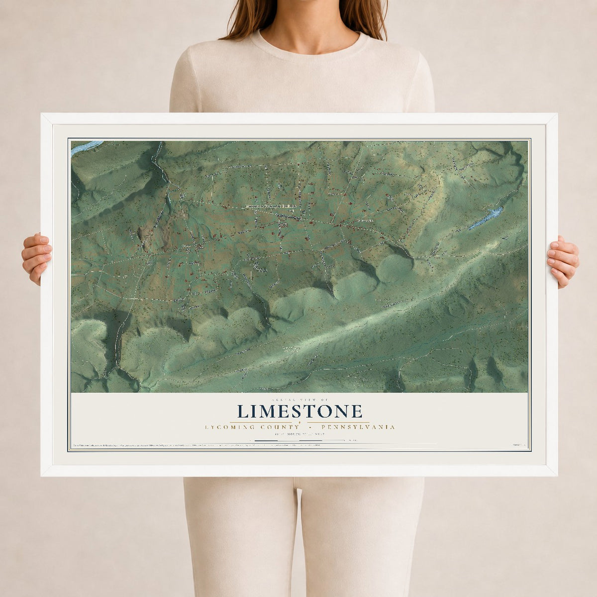 Map of Limestone, Lycoming County, Pennsylvania, 24 x 36 inch print in a white wood frame
