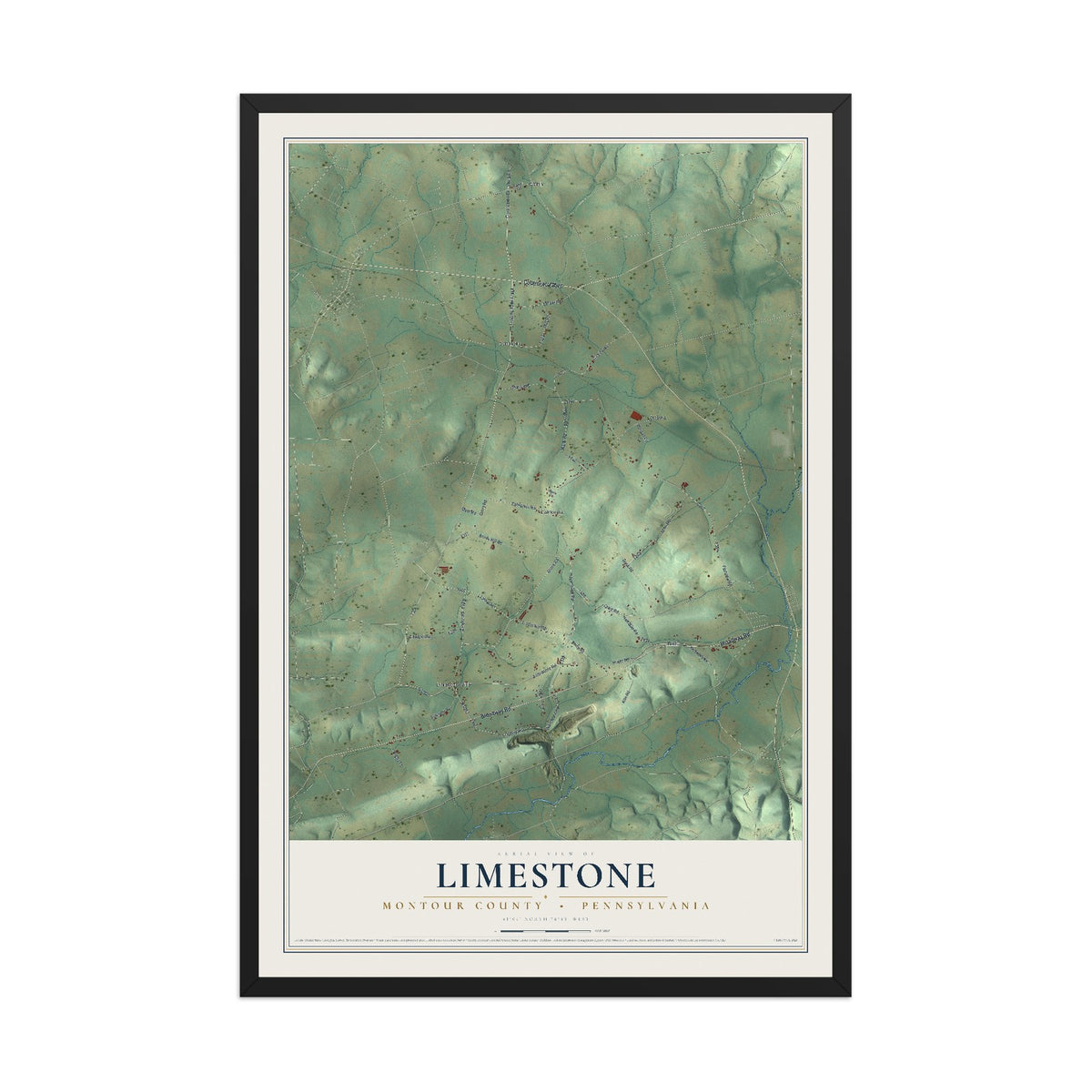 Map of Limestone, Montour County, Pennsylvania, 12 x 18 inch print in a black wood frame