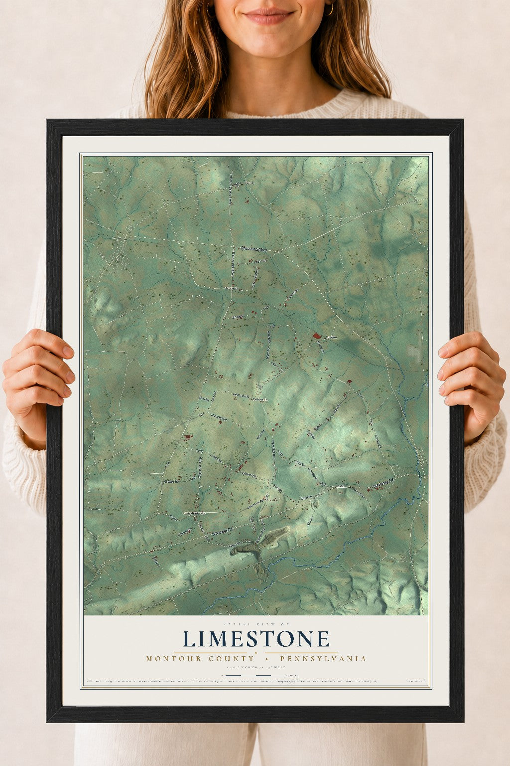 Map of Limestone, Montour County, Pennsylvania, 18 x 24 inch print in a black wood frame