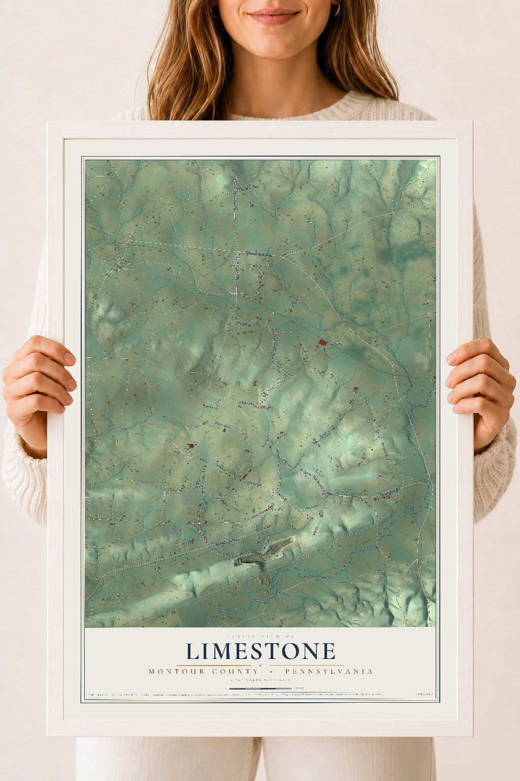 Map of Limestone, Montour County, Pennsylvania, 18 x 24 inch print in a white wood frame