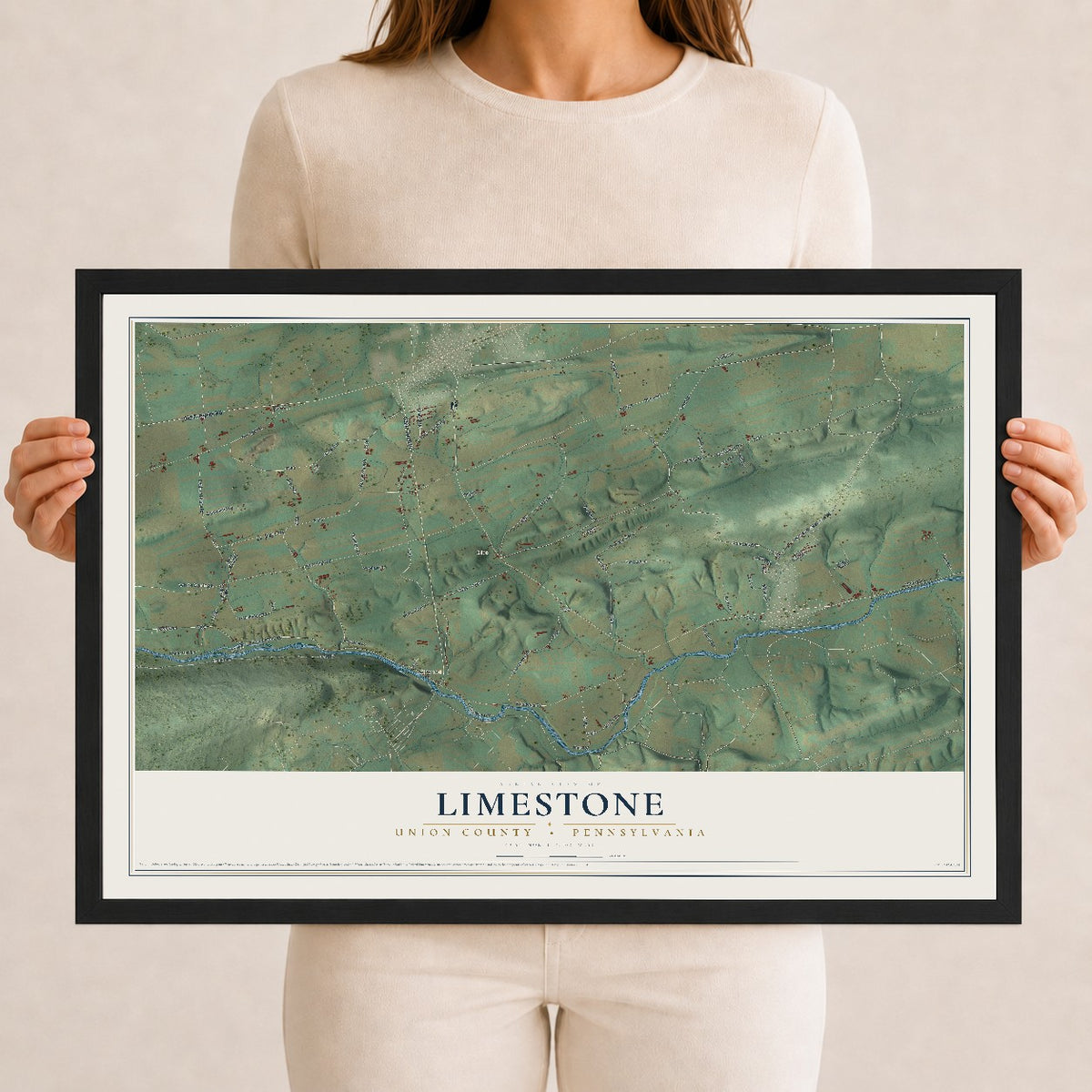 Map of Limestone, Union County, Pennsylvania, 12 x 18 inch print in a black wood frame
