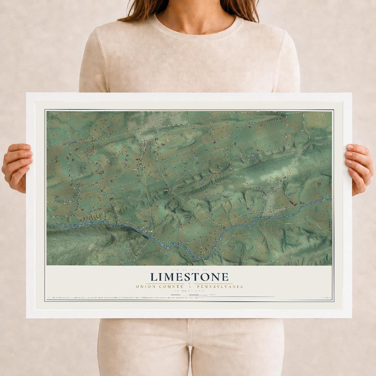 Map of Limestone, Union County, Pennsylvania, 12 x 18 inch print in a white wood frame