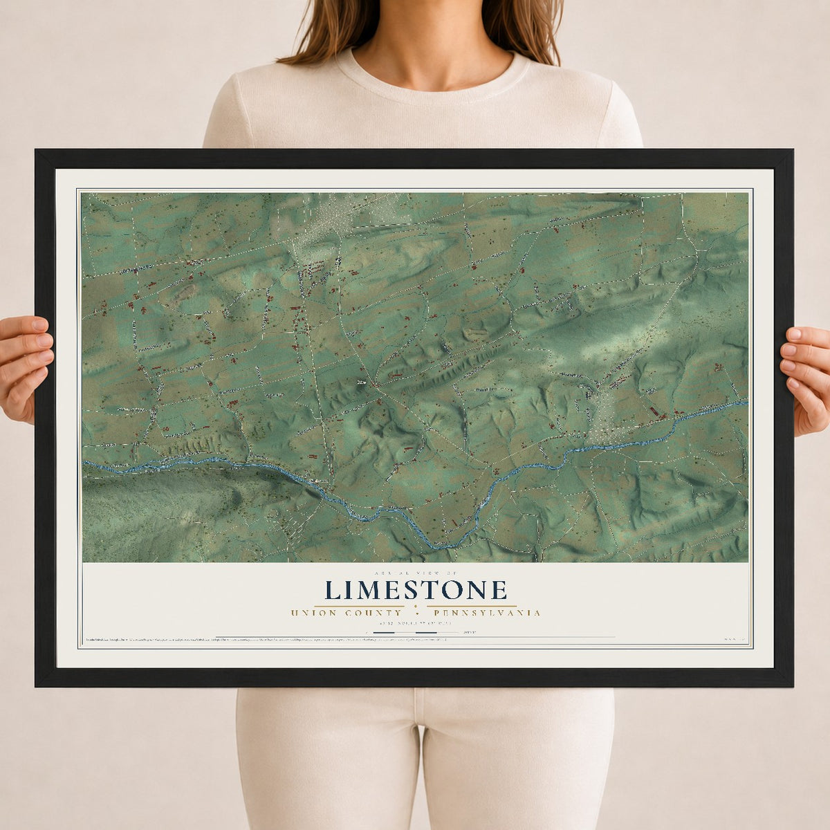 Map of Limestone, Union County, Pennsylvania, 18 x 24 inch print in a black wood frame