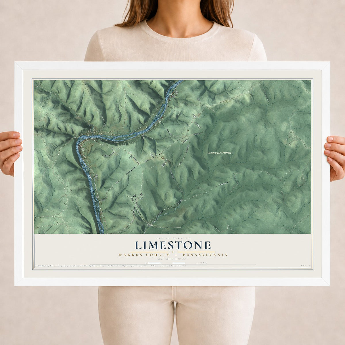 Map of Limestone, Warren County, Pennsylvania, 18 x 24 inch print in a white wood frame