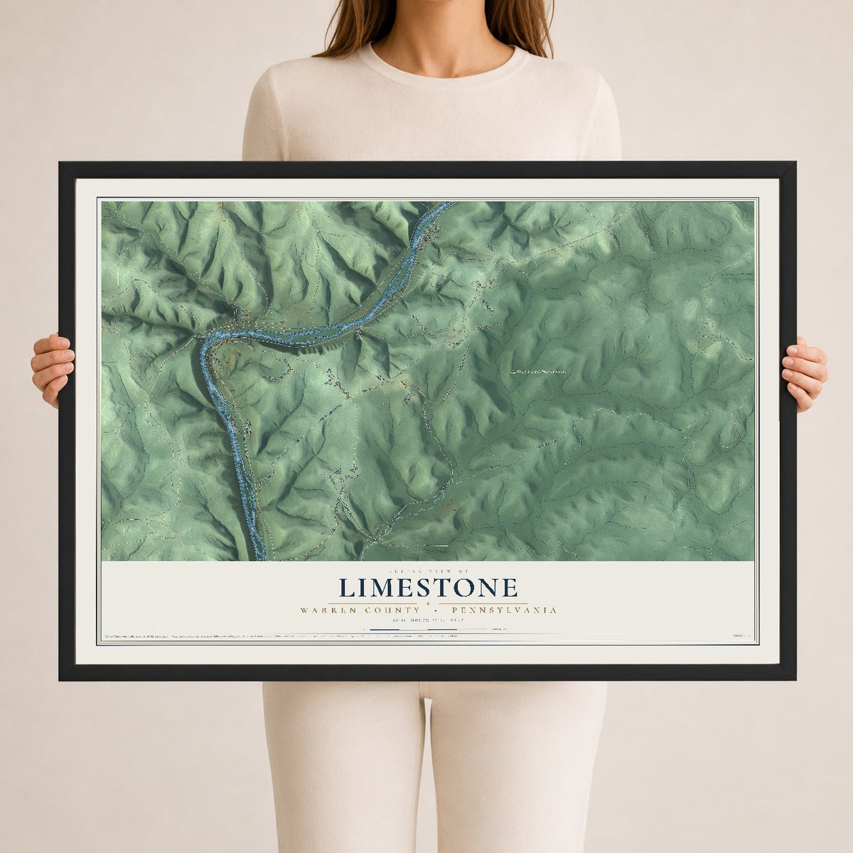Map of Limestone, Warren County, Pennsylvania, 24 x 36 inch print in a black wood frame