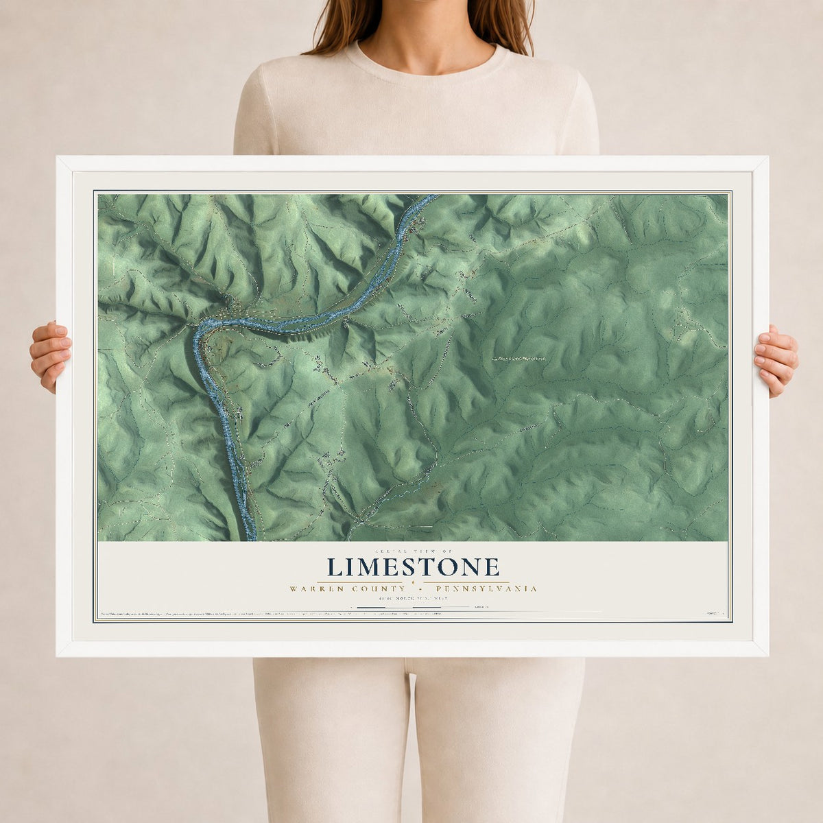 Map of Limestone, Warren County, Pennsylvania, 24 x 36 inch print in a white wood frame