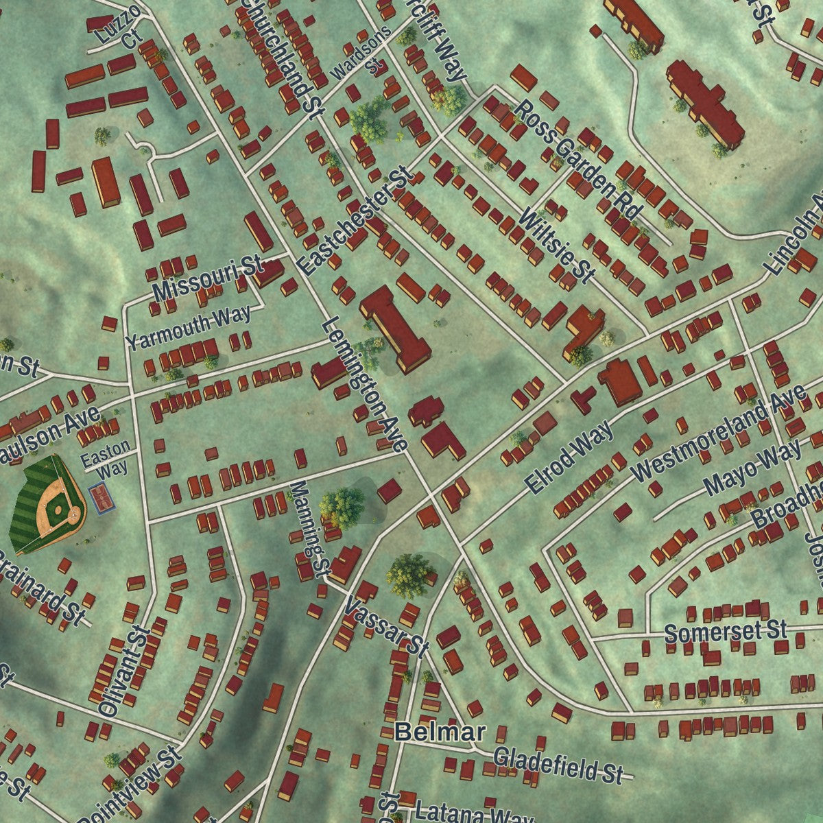 Close-up of the map of Lincoln-Lemington-Belmar, Pennsylvania print showing street and building detail