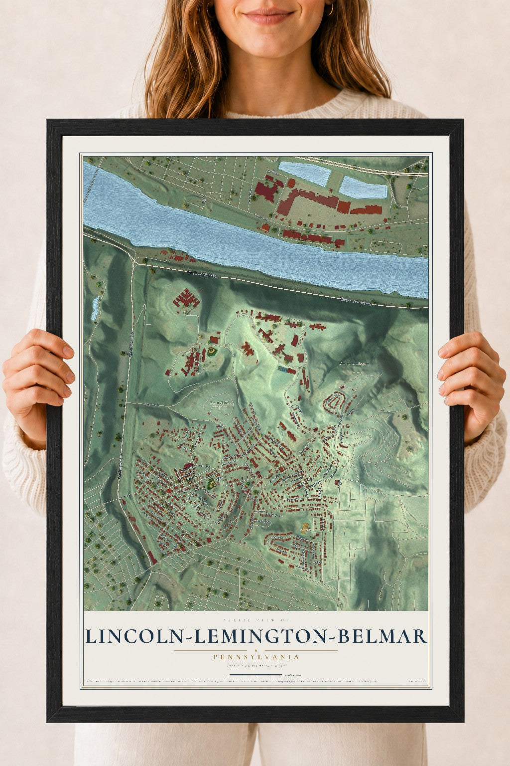 Map of Lincoln-Lemington-Belmar, Pennsylvania, 18 x 24 inch print in a black wood frame