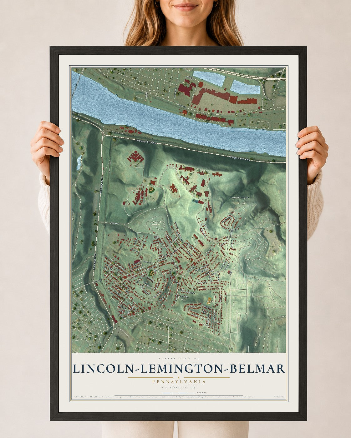Map of Lincoln-Lemington-Belmar, Pennsylvania, 24 x 36 inch print in a black wood frame