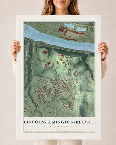 Map of Lincoln-Lemington-Belmar, Pennsylvania, 24 x 36 inch print in a white wood frame