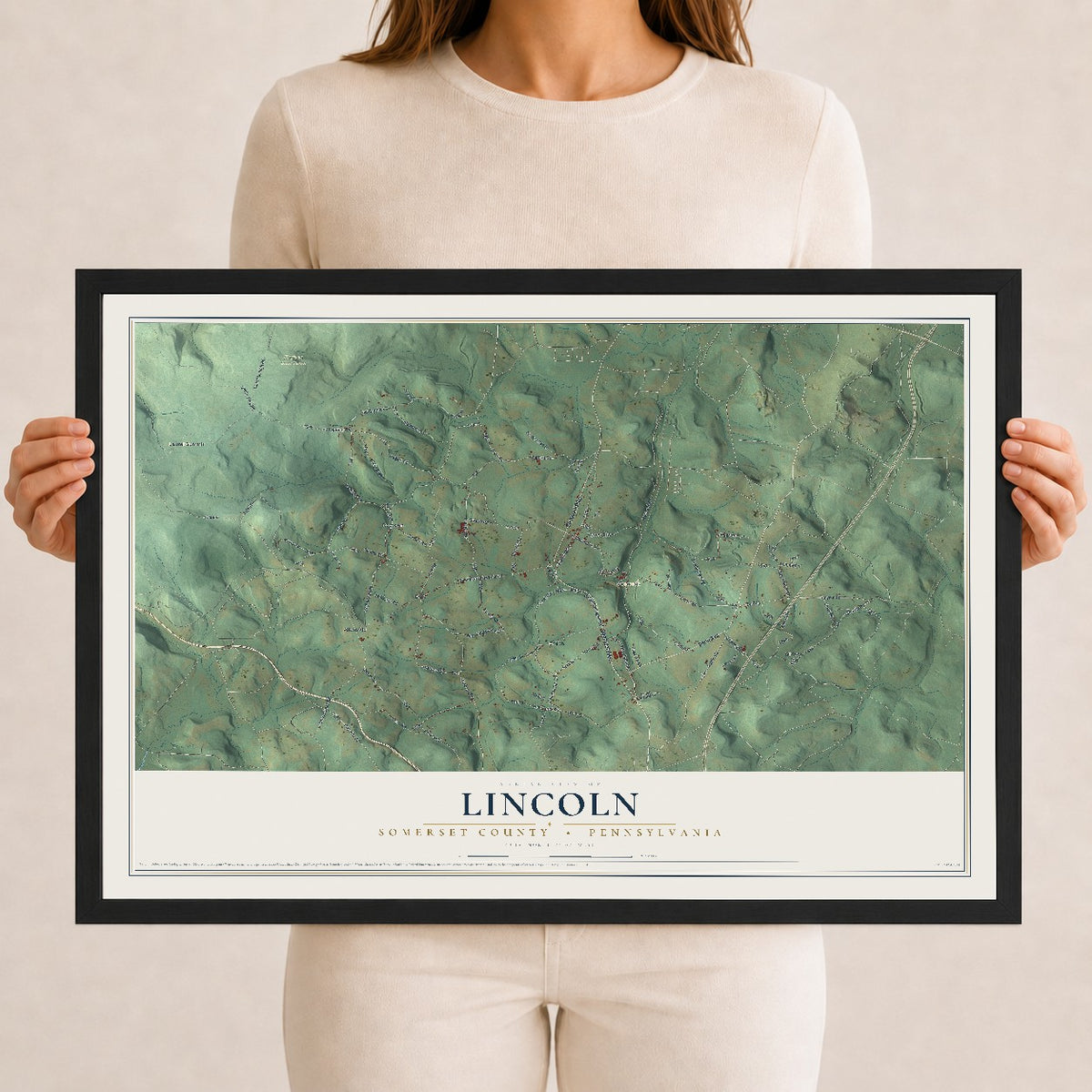 Map of Lincoln, Somerset County, Pennsylvania, 12 x 18 inch print in a black wood frame