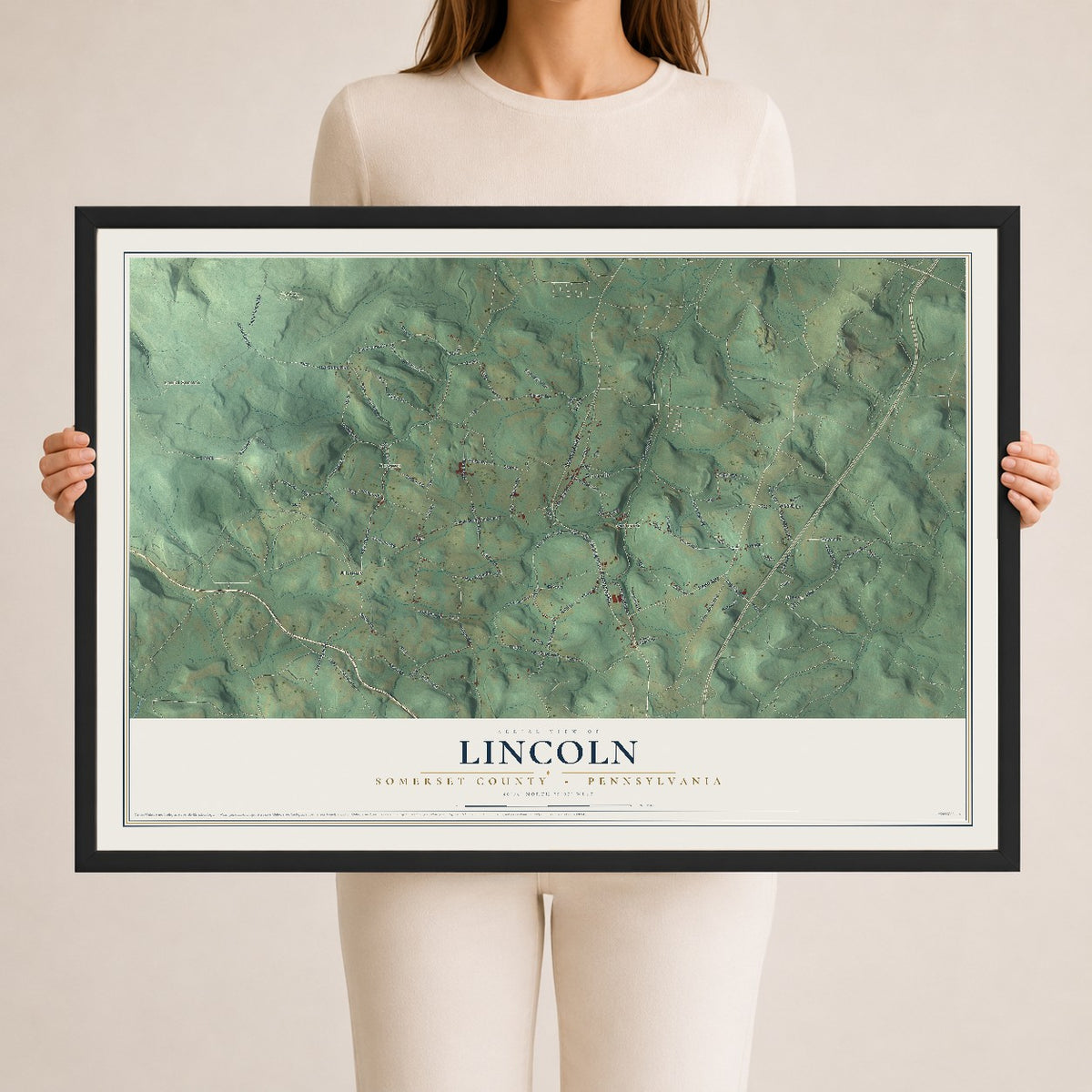 Map of Lincoln, Somerset County, Pennsylvania, 24 x 36 inch print in a black wood frame