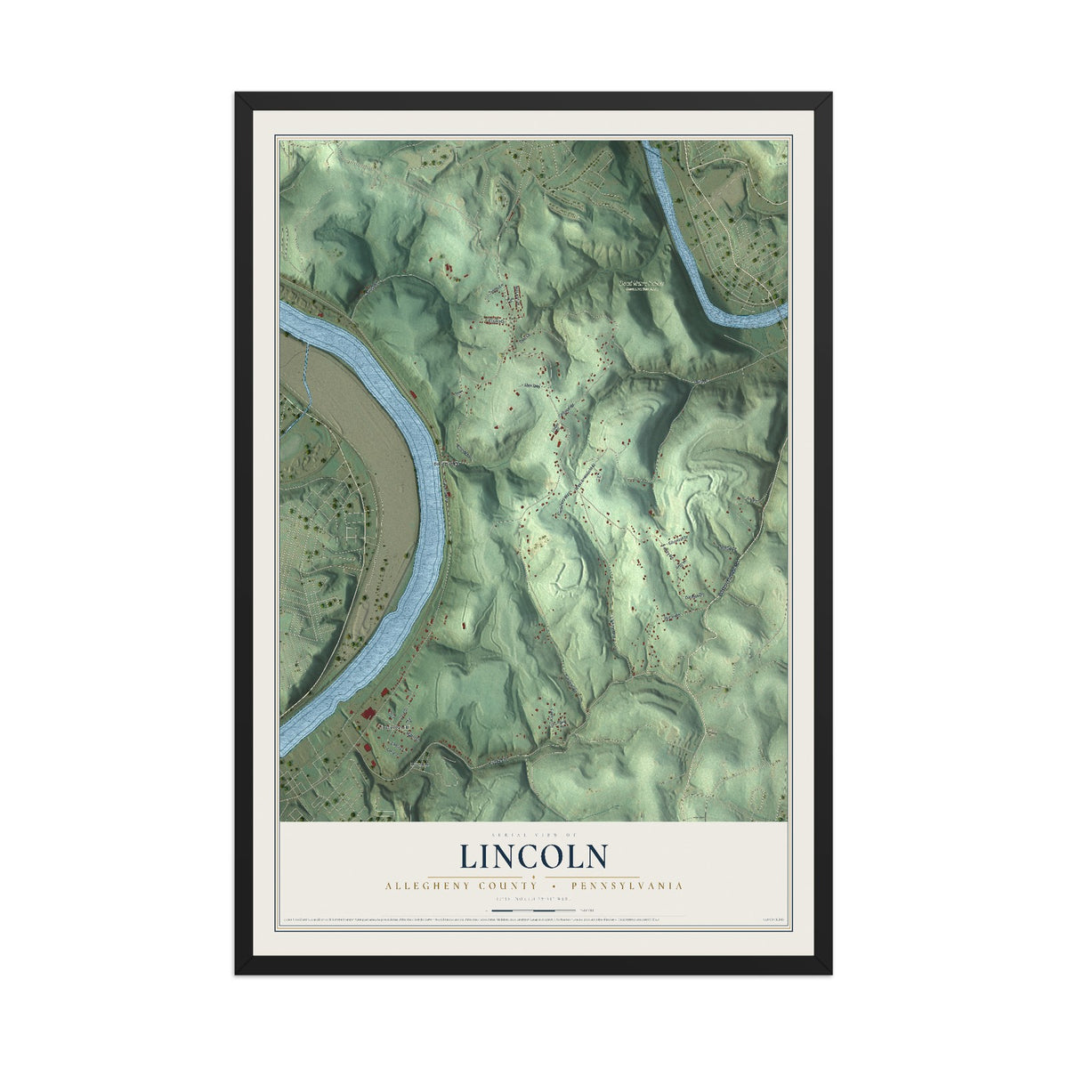 Map of Lincoln, Allegheny County, Pennsylvania, 12 x 18 inch print in a black wood frame