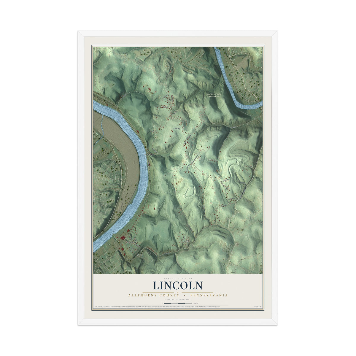 Map of Lincoln, Allegheny County, Pennsylvania, 12 x 18 inch print in a white wood frame