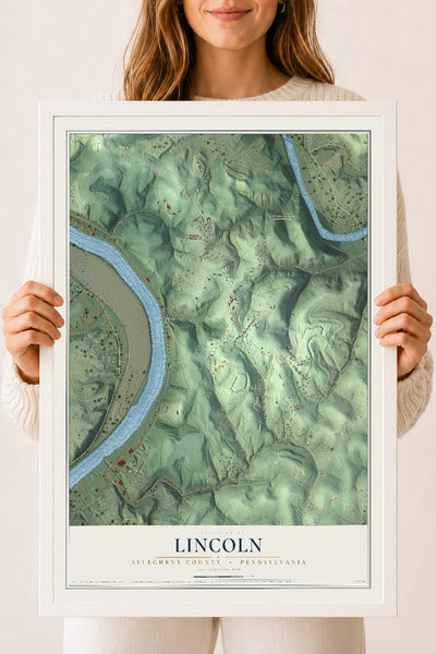 Map of Lincoln, Allegheny County, Pennsylvania, 18 x 24 inch print in a white wood frame