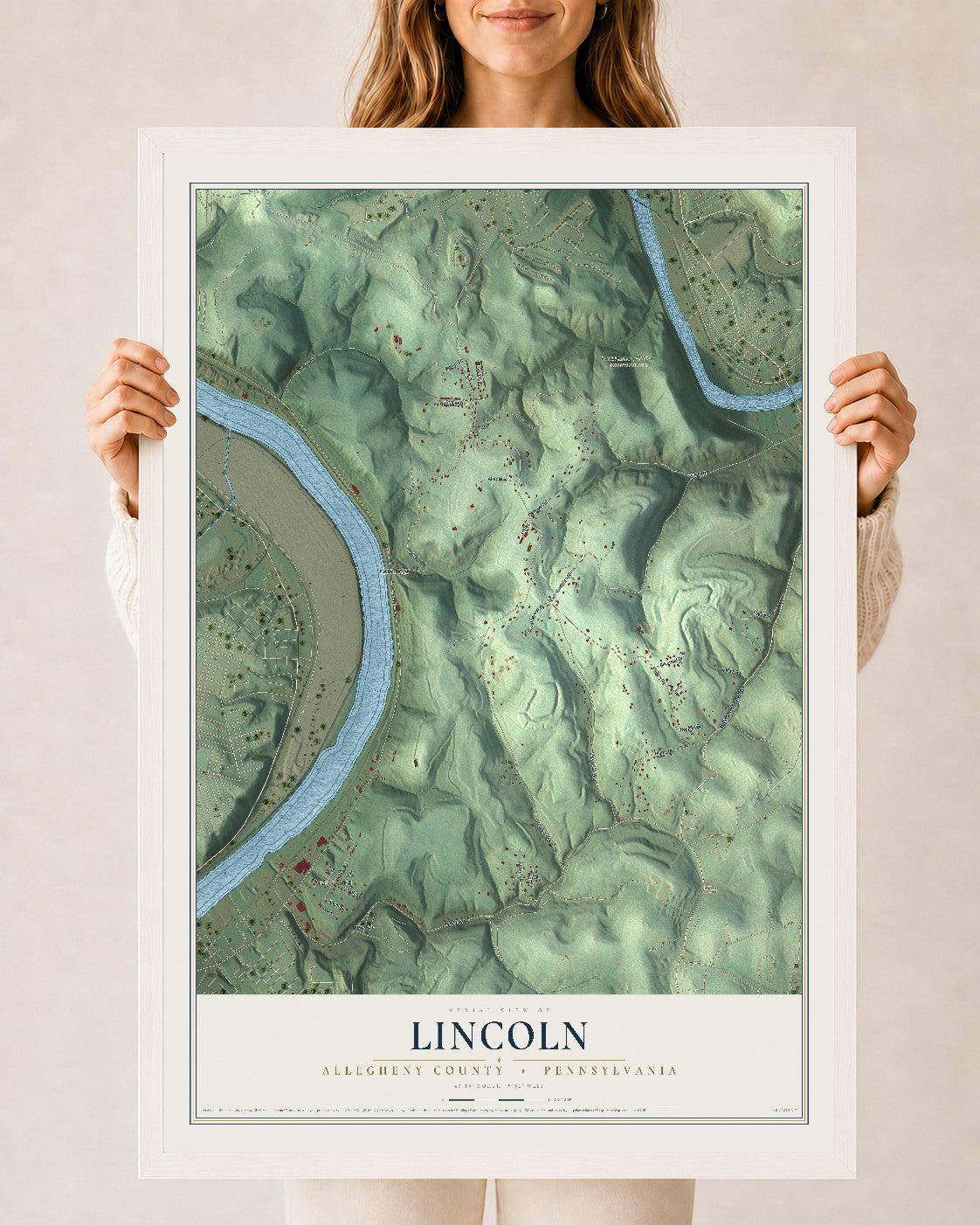 Map of Lincoln, Allegheny County, Pennsylvania, 24 x 36 inch print in a white wood frame