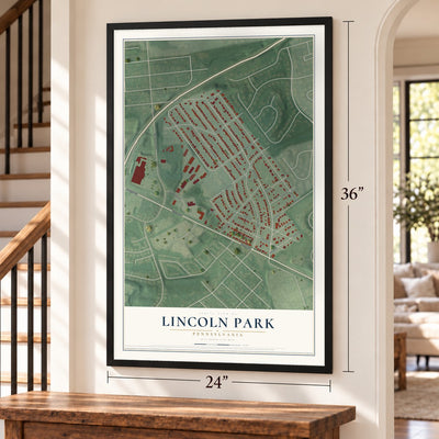 Lincoln Park, Pennsylvania map, 24 x 36 inch print in a black frame by a staircase