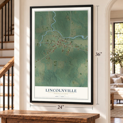 Lincolnville, Pennsylvania map, 24 x 36 inch print in a black frame by a staircase