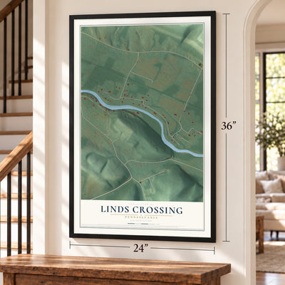 Linds Crossing, Pennsylvania map, 24 x 36 inch print in a black frame by a staircase