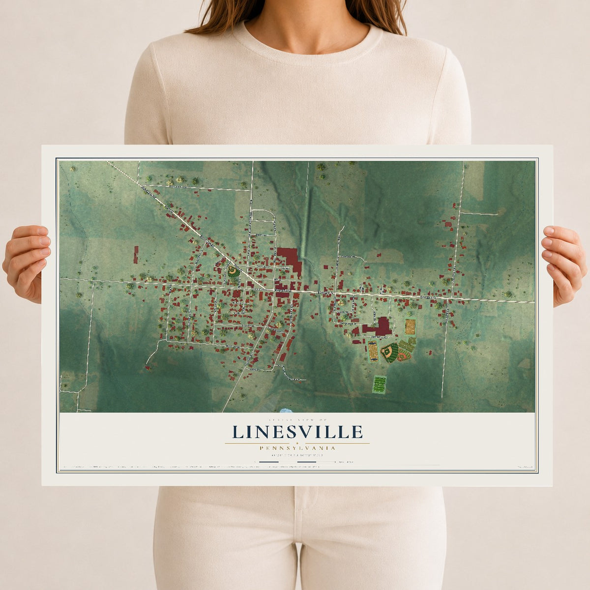 Map of Linesville, Pennsylvania, 12 x 18 inch unframed archival matte print